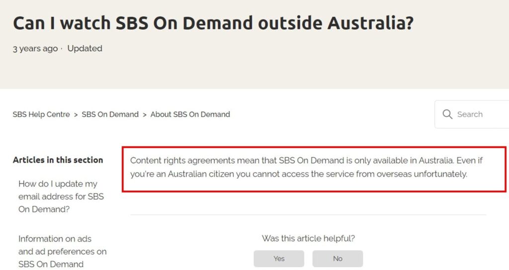 Content rights agreements mean that SBS On Demand is only available in Australia. Even if you’re an Australian citizen you cannot access the service from overseas unfortunately. 